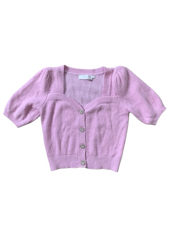 Astr Sweaters - ASTR Pink Puff Sleeve Cardigan Jeweled Buttons Coquette Cottagecore Top S